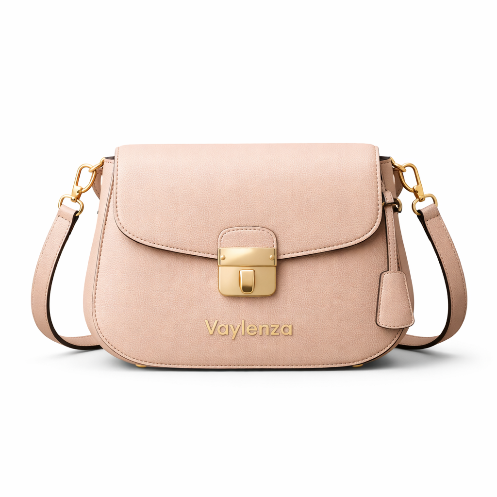 Pink handbag with gold accents on a white background
