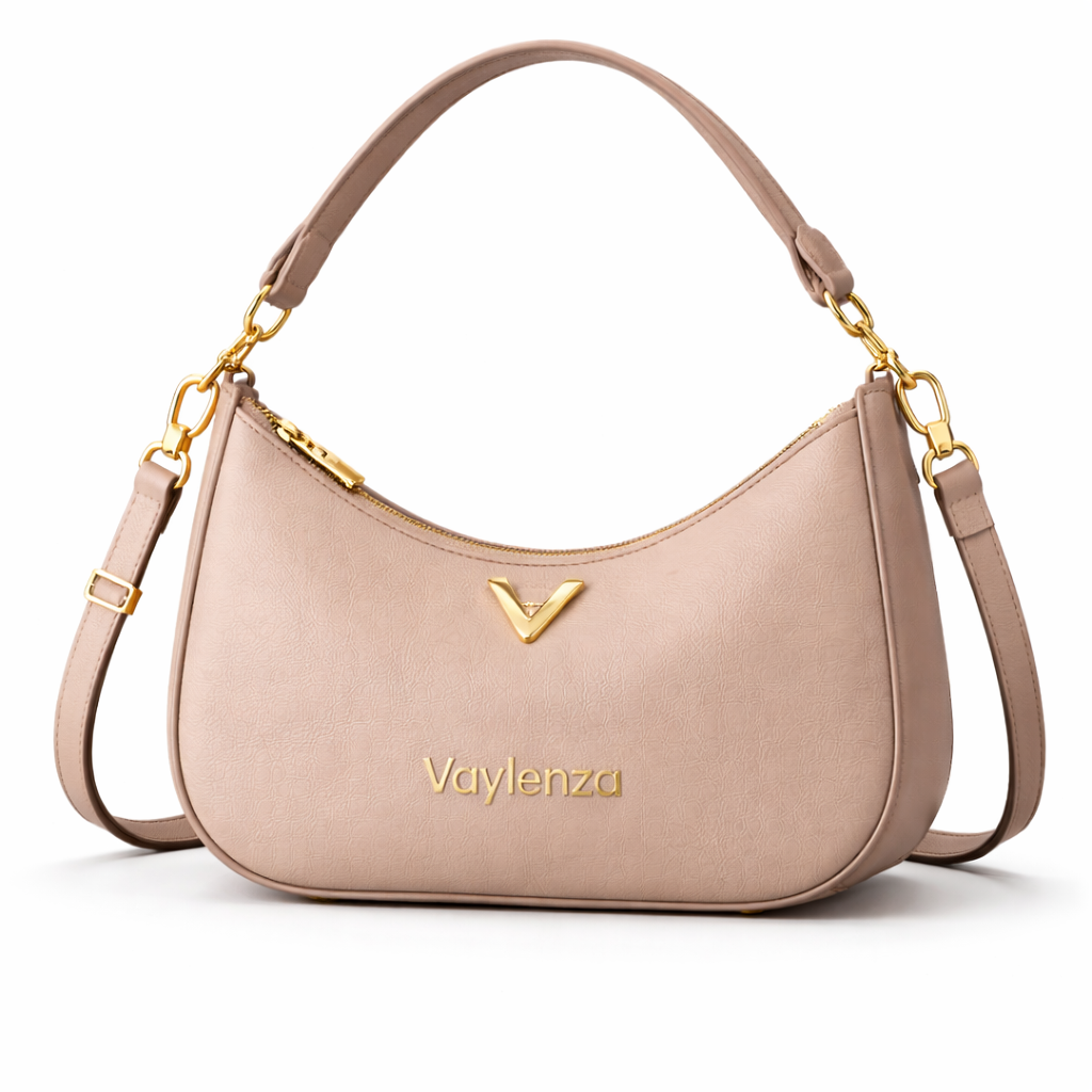 Beige handbag with gold accents and 'Vaylenza' branding on a white background