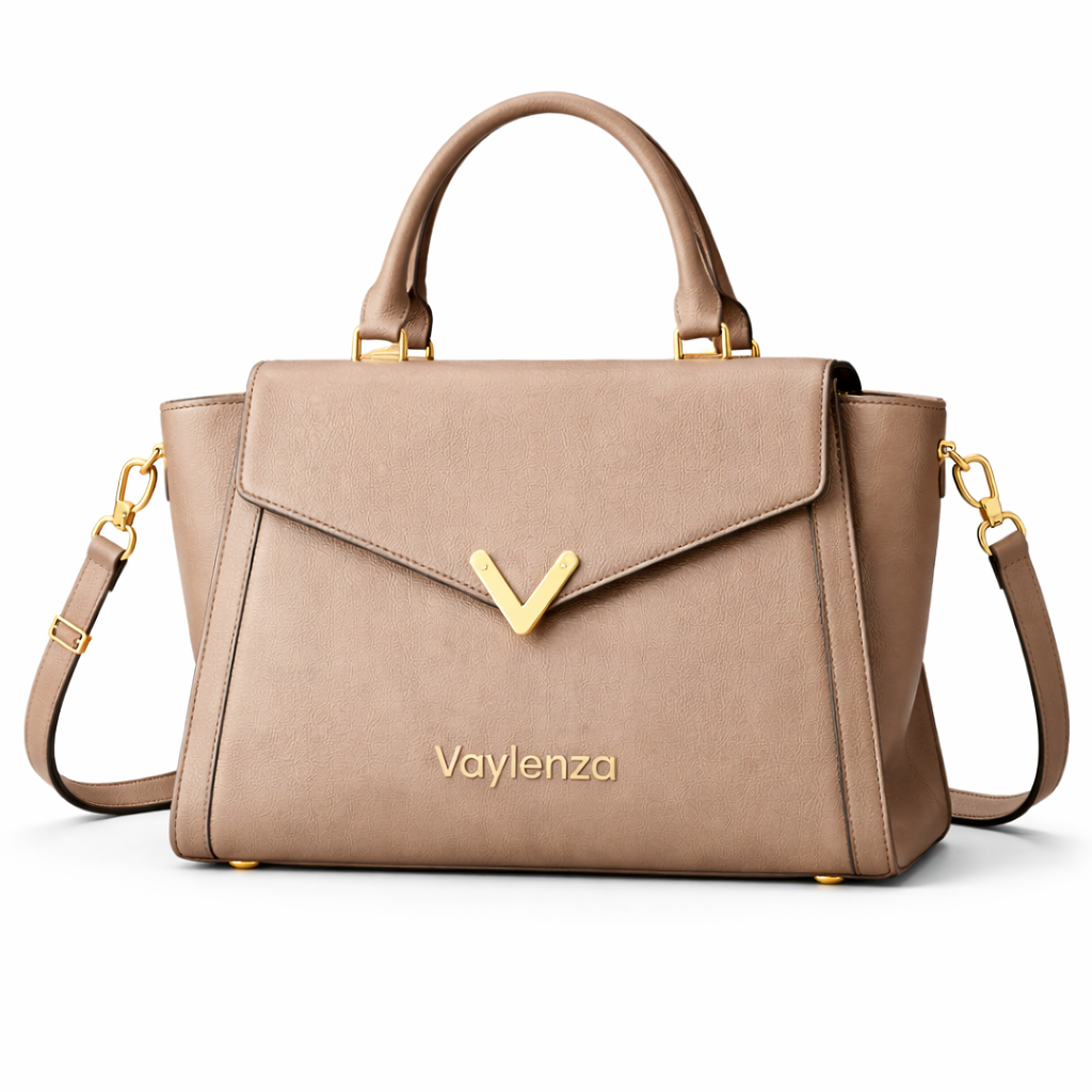 Beige handbag with gold accents and 'Vaylenza' branding on a white background