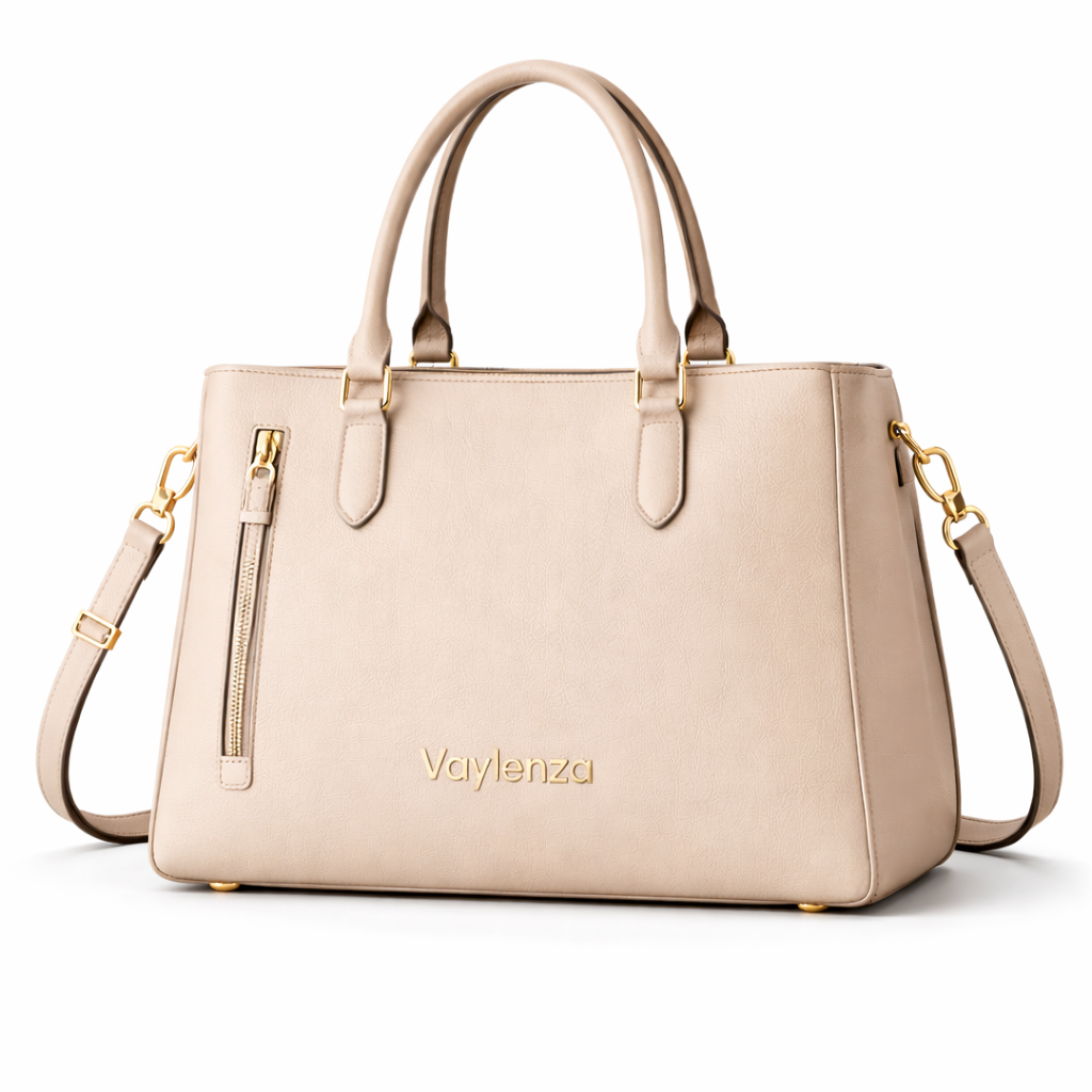 Beige handbag with gold accents on a white background