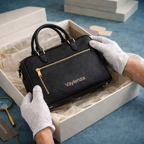 Black handbag with gold zippers being held by a person wearing white gloves, with 'Vaylenza' branding.