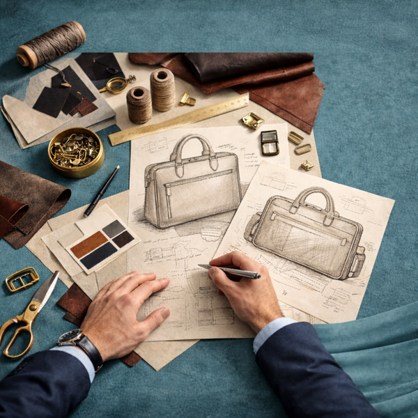 Person working on leather goods design with sketches and materials on a table.