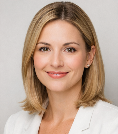 Woman with blonde hair and a white blazer against a plain background
