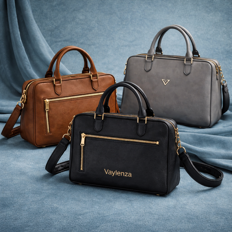 Three bags in brown, black, and gray on a blue fabric background with 'Vaylenza' branding.