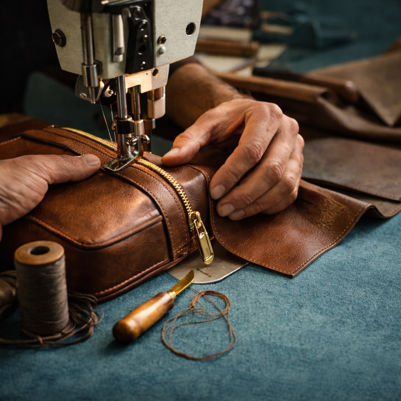 Person sewing a brown leather bag with a zipper using a sewing machine.